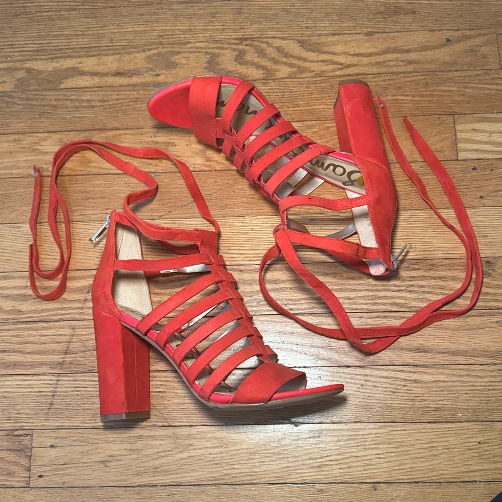 Gorgeous Sam Edelman Red Yarina Leather Chunky Heel Strappy Sandals Size 8 - Picture 9 of 11